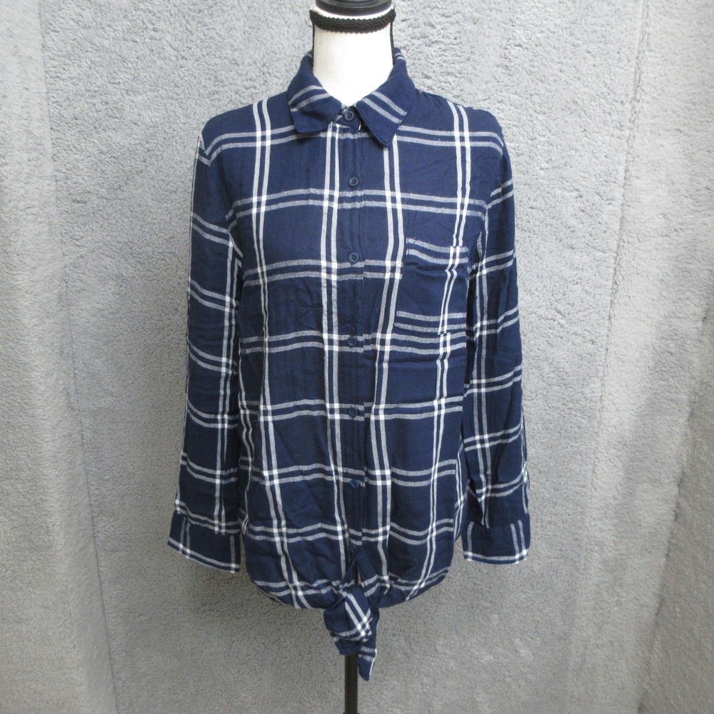 Suzanne Betro Plaid Tie Front Shirt Women M Blue Casual Coastal Preppy Relaxed